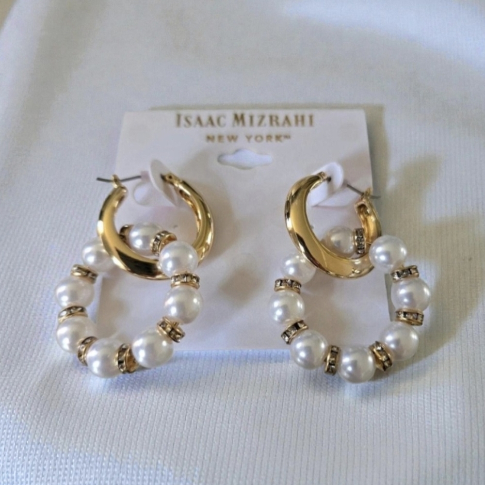 Isaac Mizrahi Gold Pearl Earrings New - Picture 2 of 3